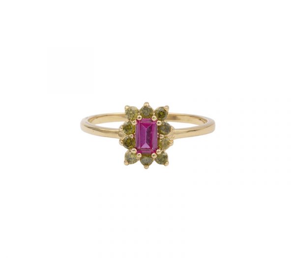 Chérie Rectangle Flower Pink Green Ring – Gold Plated